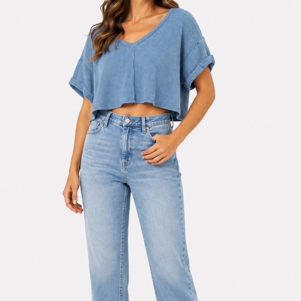 Altar'd State Waffle Knit Crop Top Women Size S Blue Casual Boho V-Neck